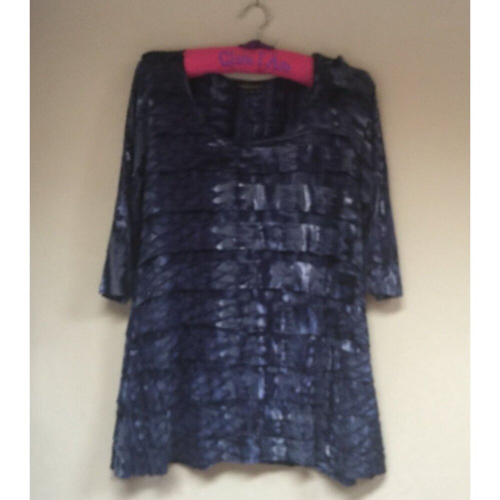Dunia Womens Medium Scoop Neck Tie-Dye Tiered 3/4 Sleeve A-Line Tunic Top Blue